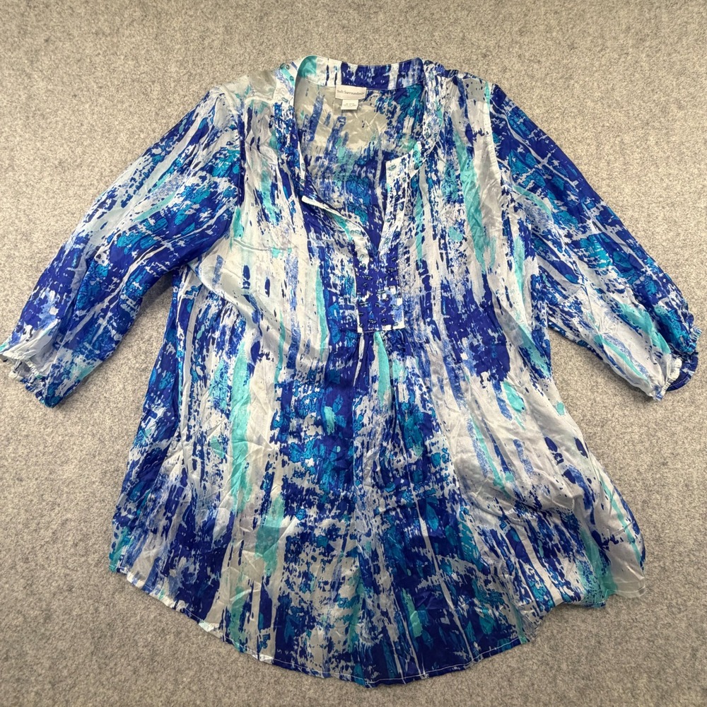 Soft Surroundings Silk Tunic Top Blue White Abstract Beaded 2X 54022
